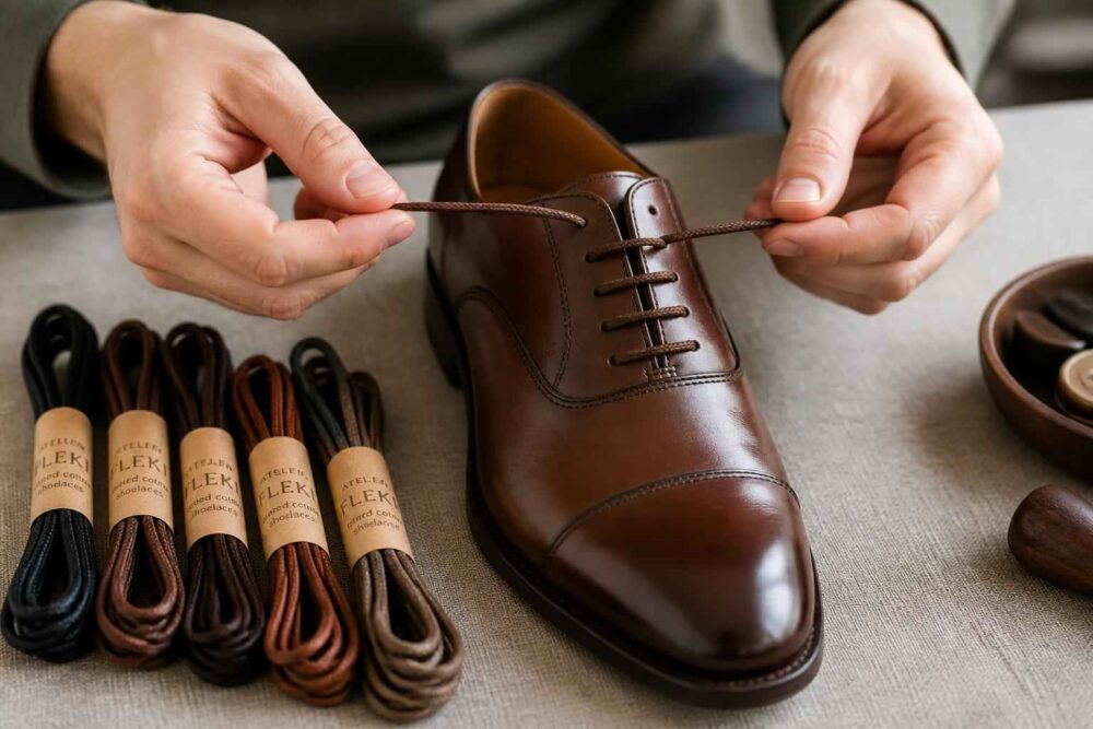Dłonie przeciągają brązową sznurówkę przez elegancki skórzany półbut obok kilku zapasowych par