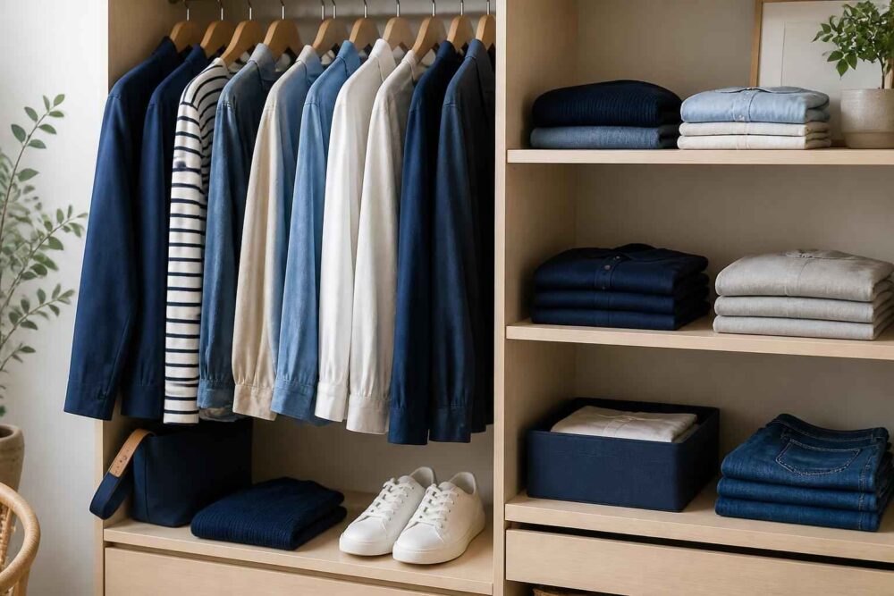 Elegancka szafa z odzieżą i akcesoriami Szafa z wiszącymi koszulami, złożonymi ubraniami, białymi sneakersami i rośliną doniczkową