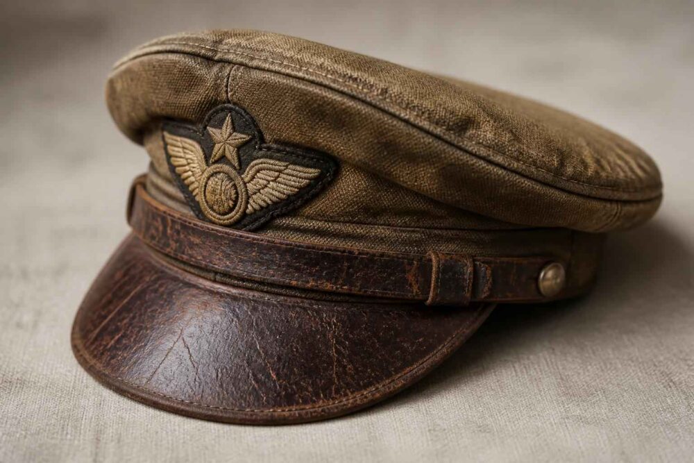 Zniszczona oficerska czapka z daszkiem Oliwkowa czapka oficerska z orłem i gwiazdą oraz skórzanym daszkiem na jasnym tle